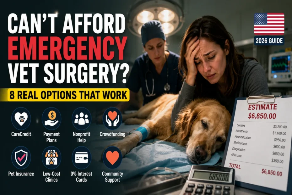 Cannot afford emergency vet surgery USA owner worried beside injured dog in veterinary hospital