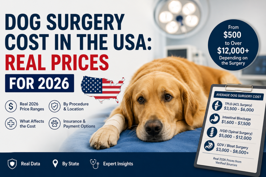 Dog Surgery Cost in the USA infographic showing real 2026 veterinary surgery prices for dogs in America