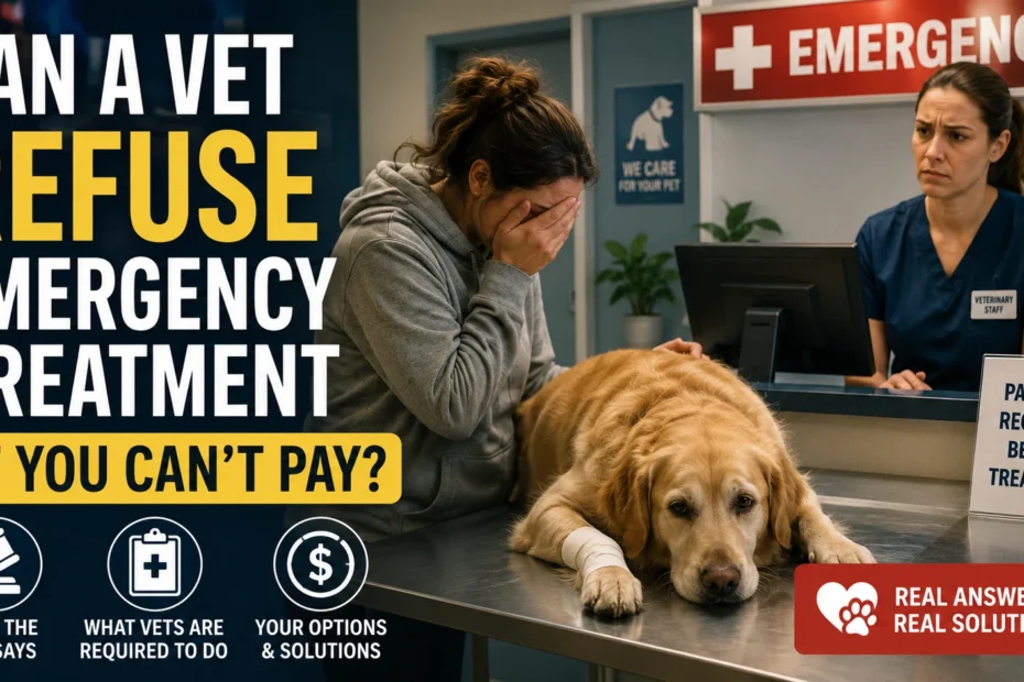 Can a vet refuse emergency treatment if you can't pay while a dog owner seeks help at an emergency veterinary clinic.