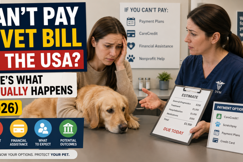 Can't Pay a Vet Bill in the USA — stressed dog owner discussing emergency vet payment options with a veterinarian in 2026