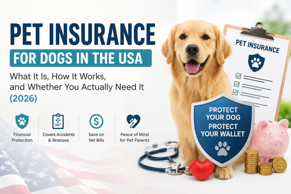 Pet insurance for dogs in the USA explained with golden retriever, insurance shield, and vet cost protection concept