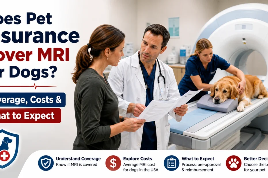 Veterinarian explaining pet insurance coverage for a dog MRI scan before diagnostic imaging.