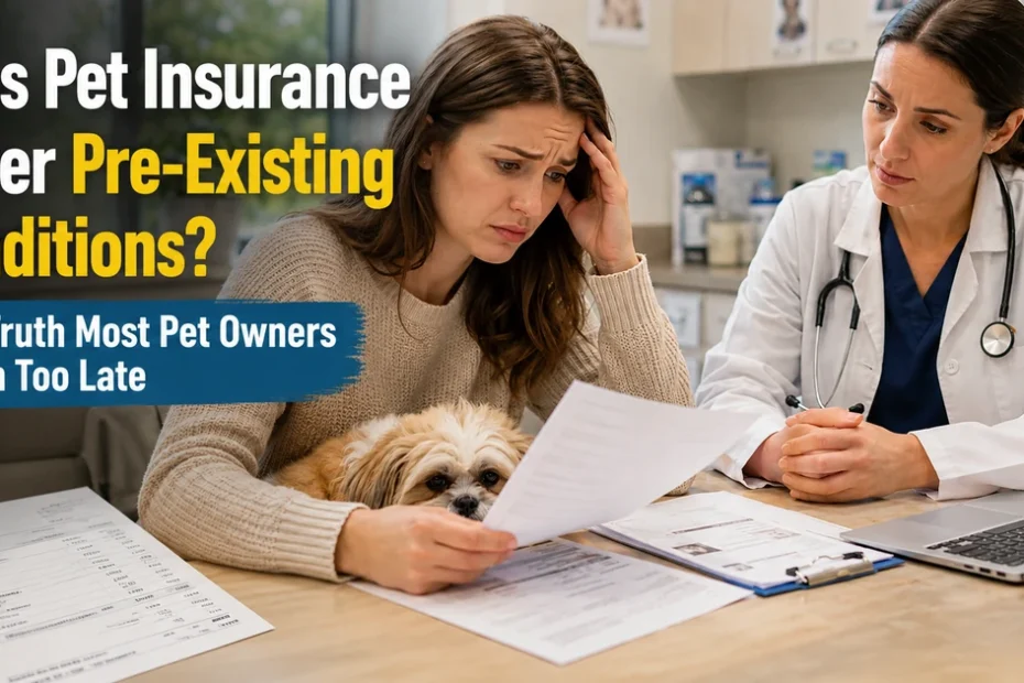 Dog owner reviewing a pet insurance claim with a veterinarian to understand pre-existing condition coverage and claim denial.