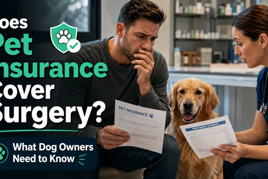 Does pet insurance cover surgery? A dog owner reviewing pet insurance coverage and a surgery estimate with a veterinarian before treatment.