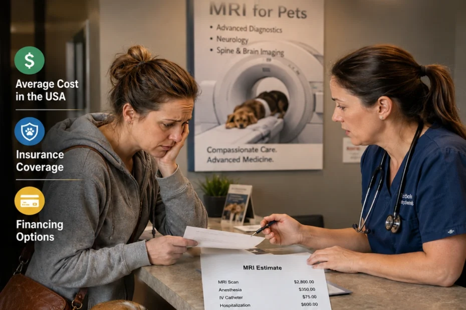 Dog owner discussing a $4,100 Dog MRI cost in the usa.