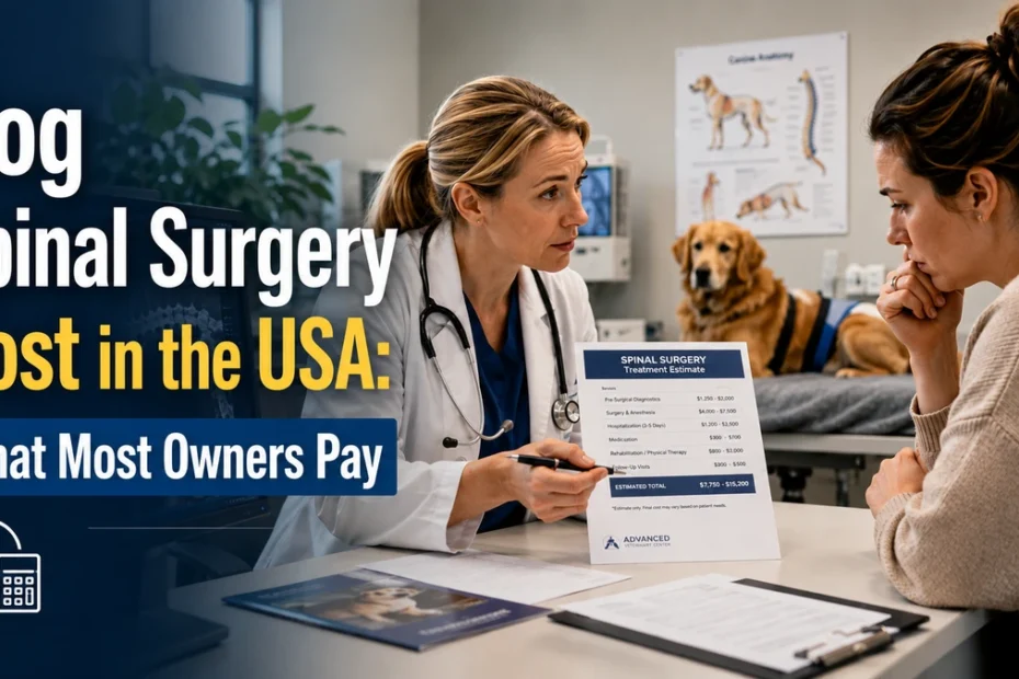 Dog spinal surgery cost in the USA discussed between a veterinarian and pet owner during a treatment estimate consultation