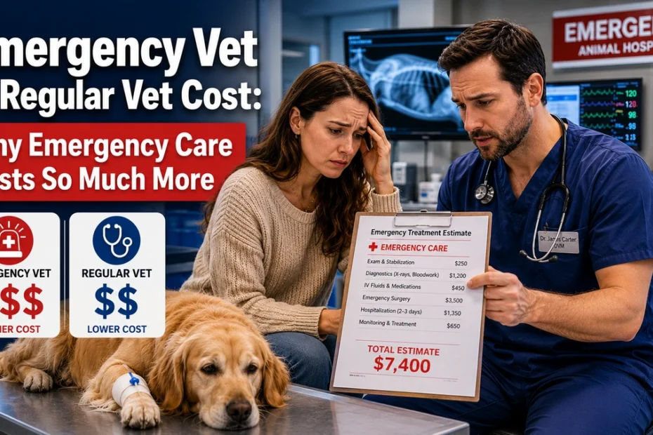 Emergency vet vs regular vet cost comparison showing a dog owner discussing emergency veterinary treatment costs with a veterinarian