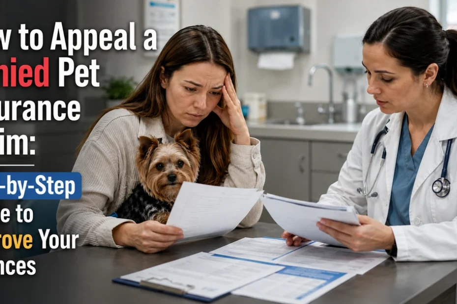 Dog owner reviewing a denied pet insurance claim with a veterinarian while learning how to appeal a denied pet insurance claim.