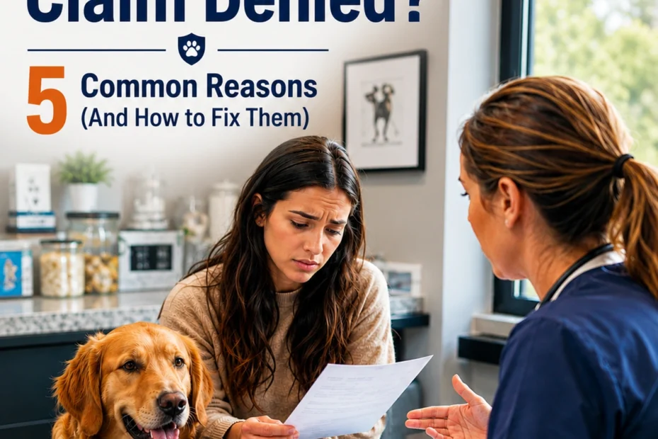 Pet insurance claim denied letter being reviewed by a worried dog owner while discussing coverage with a veterinarian in a U.S. veterinary clinic.