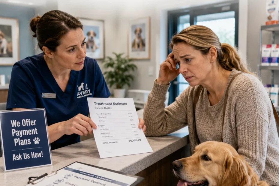 Vet payment plans discussion between a dog owner and veterinarian about monthly vet bill financing.