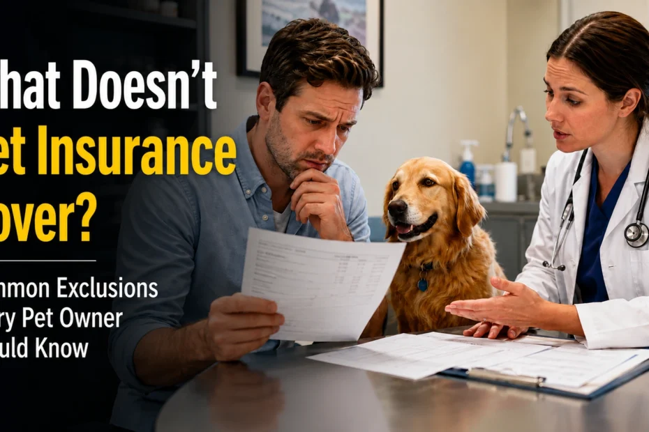 What Doesn't Pet Insurance Cover? Dog owner reviewing a veterinary bill with a veterinarian while discussing pet insurance exclusions.