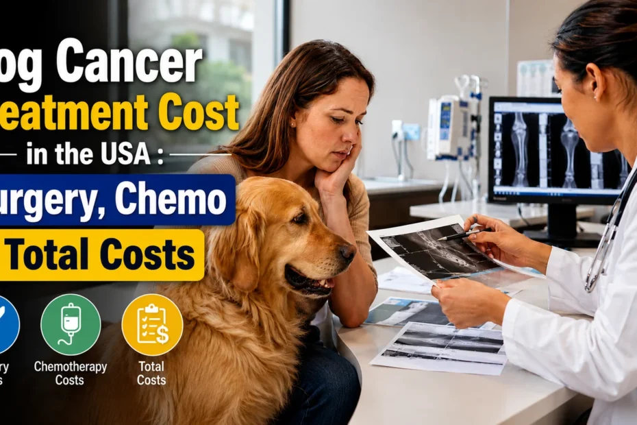 Dog Cancer Treatment Cost in the USA consultation showing a veterinarian discussing surgery, chemotherapy, and treatment costs with a dog owner.