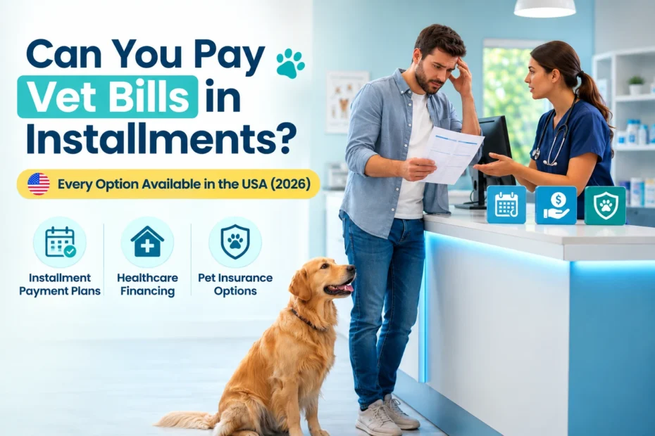 Can You Pay Vet Bills in Installments? Dog owner discussing veterinary bill installment payment options with a veterinarian in a USA veterinary clinic.