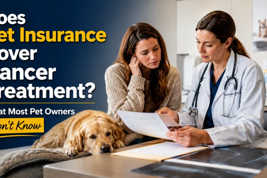 Veterinarian explaining dog cancer treatment and pet insurance coverage options to a concerned dog owner.
