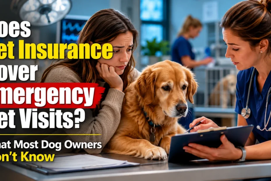 Does Pet Insurance Cover Emergency Vet Visits as a veterinarian discusses emergency treatment and insurance costs with a worried dog owner.