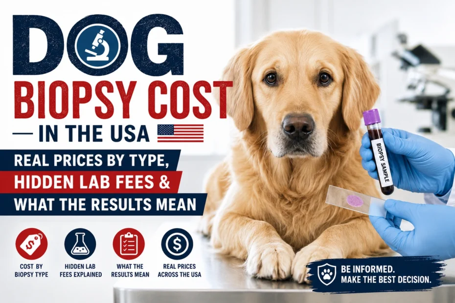 Dog Biopsy Cost in the USA showing a Golden Retriever with a biopsy sample, pathology slide, and veterinary laboratory equipment explaining biopsy prices, hidden pathology fees, and biopsy results.