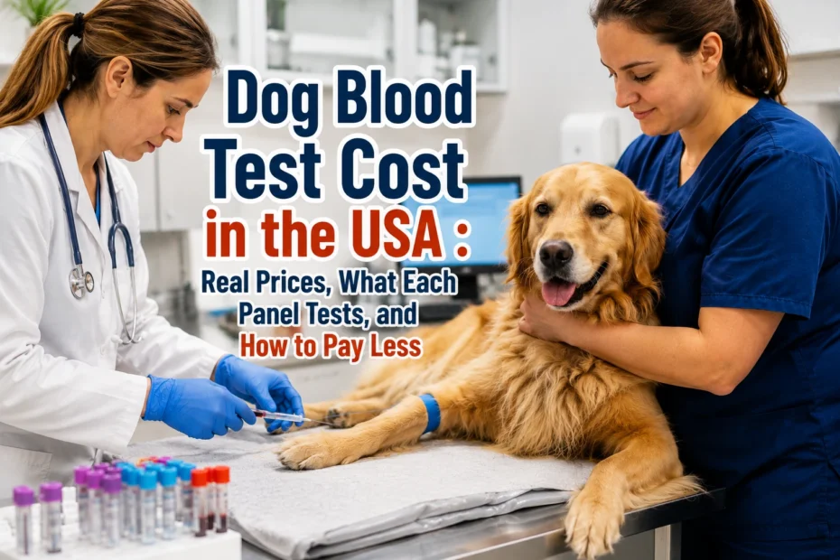Veterinarian performing a dog blood test on a Golden Retriever during a routine health examination, showing the average Dog Blood Test Cost in the USA.