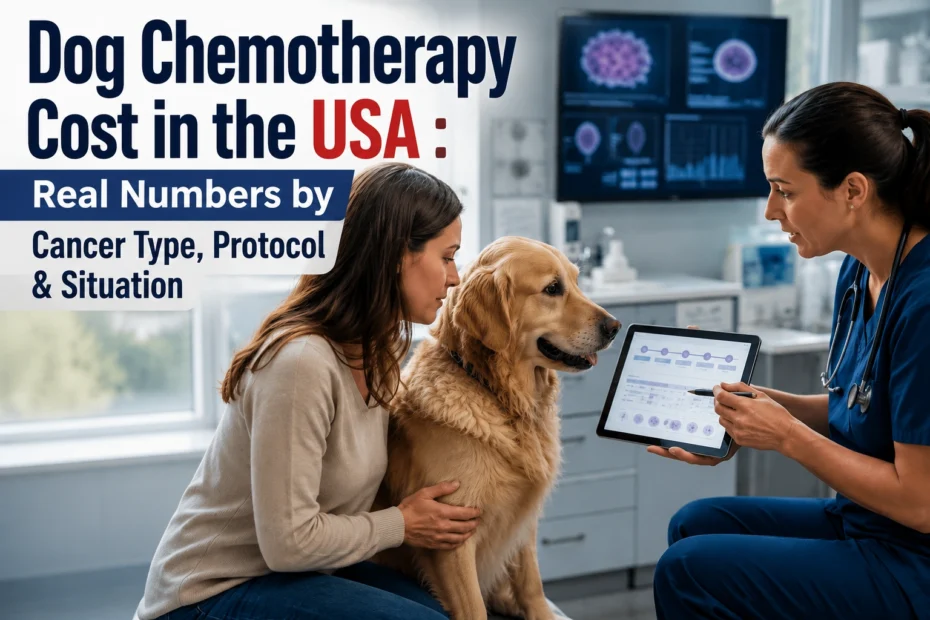 Dog Chemotherapy Cost in the USA explained during a veterinary oncology consultation with a dog owner discussing chemotherapy treatment options.