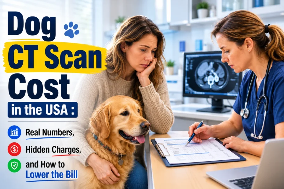 Dog CT Scan Cost in the USA showing a veterinarian discussing CT scan costs and treatment estimates with a concerned dog owner in a veterinary clinic.