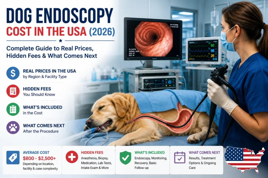 Dog Endoscopy Cost in the USA (2026) infographic showing a veterinarian performing a gastrointestinal endoscopy on a dog with average costs, hidden fees, and treatment information.