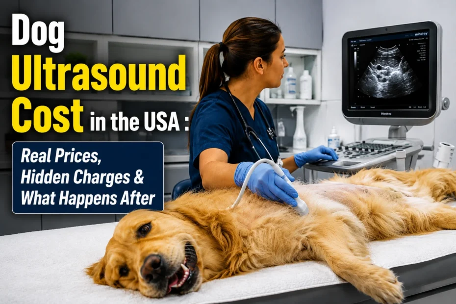 Dog Ultrasound Cost in the USA – veterinarian performing an abdominal ultrasound on a Golden Retriever in a modern veterinary clinic.