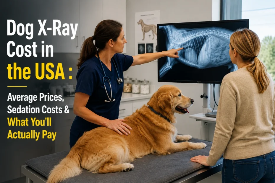 Dog X-Ray Cost in the USA showing a veterinarian reviewing a dog's X-ray with the pet owner in a veterinary clinic.