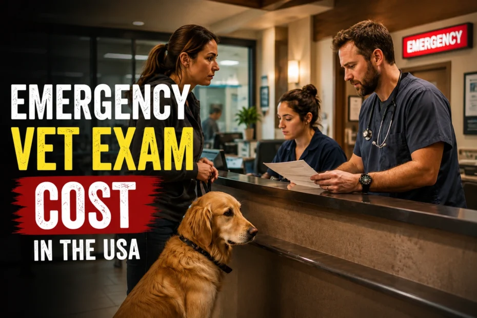 Dog owner speaking with an emergency veterinarian about emergency vet exam cost in the USA at a 24-hour animal hospital.