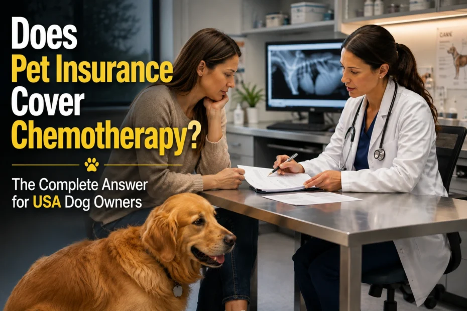 Dog owner discussing chemotherapy treatment and pet insurance coverage with a veterinary oncologist in the USA.
