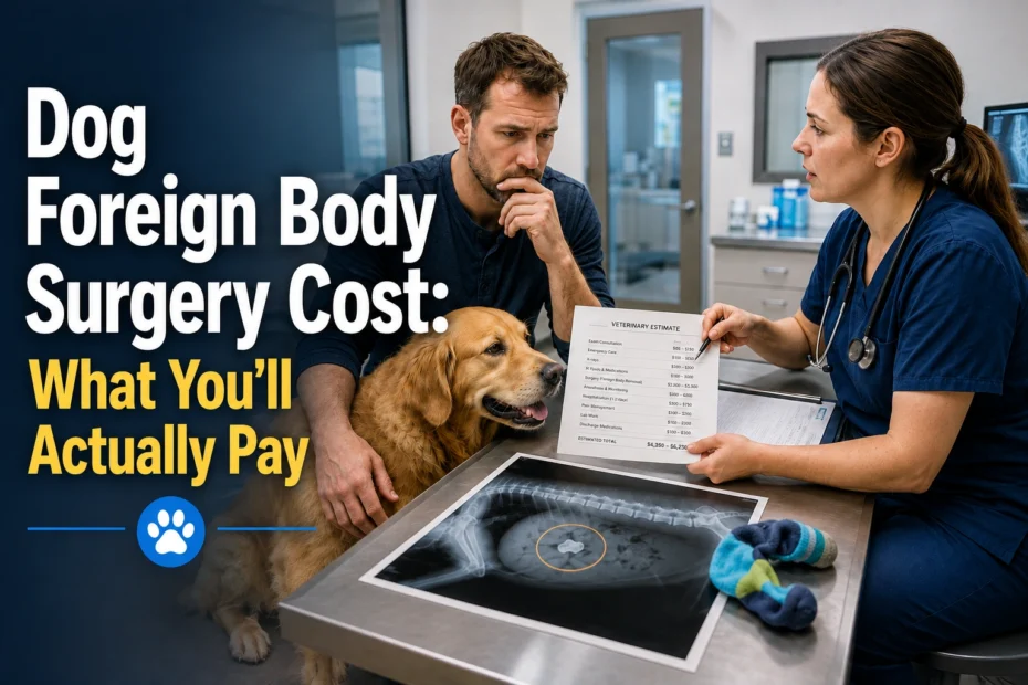 Dog Foreign Body Surgery Cost: dog owner discussing a veterinary surgery estimate with a veterinarian