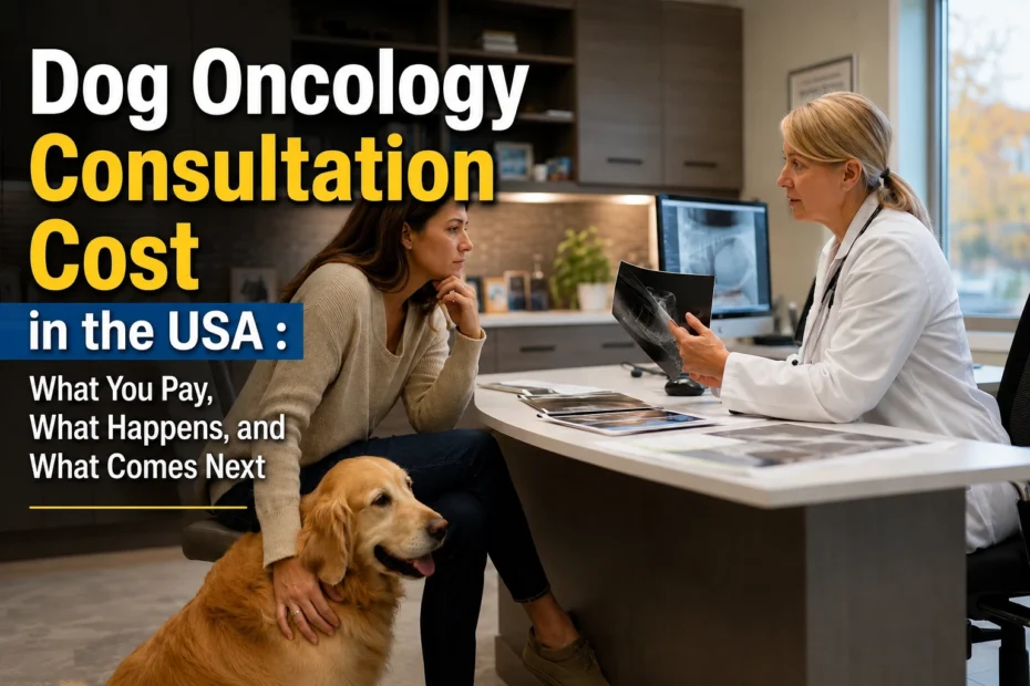 Dog oncology consultation cost discussion between a veterinary oncologist and a dog owner during the first cancer consultation.