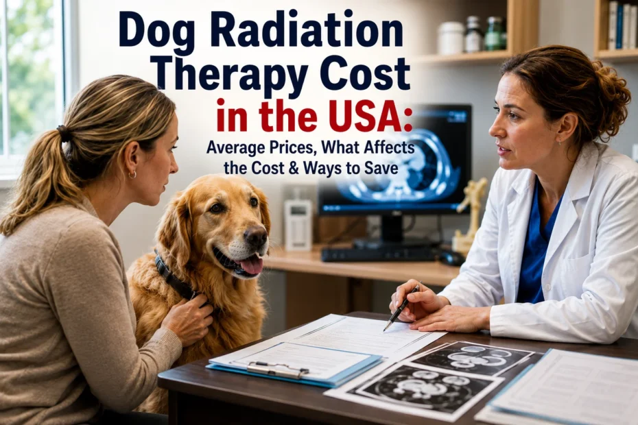 Dog Radiation Therapy Cost in the USA consultation between a pet owner and veterinary oncologist discussing treatment options and estimated costs.