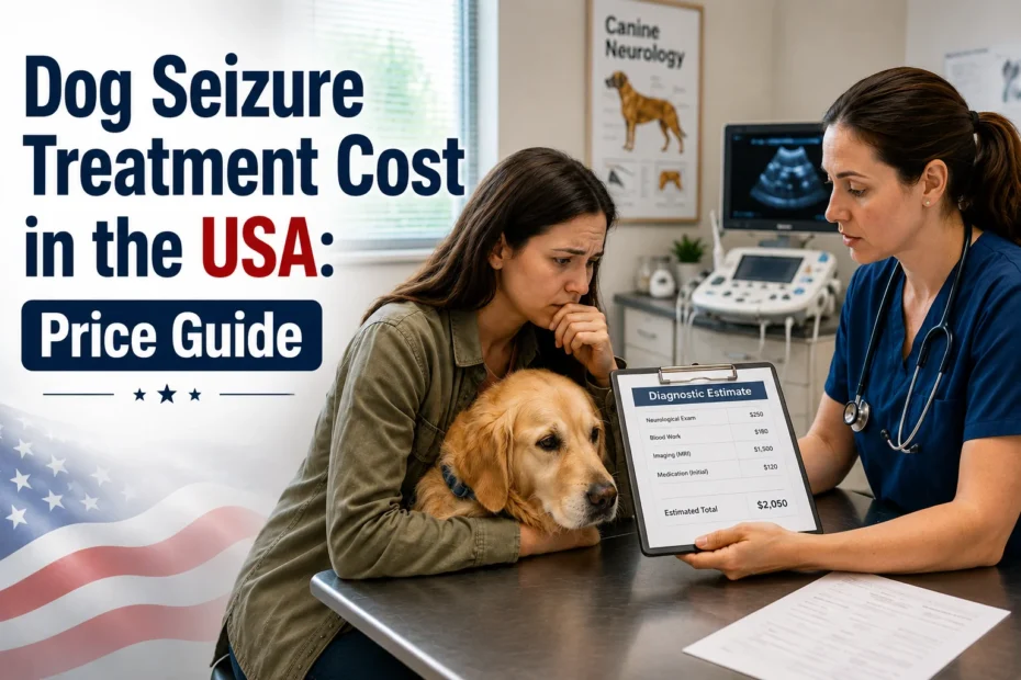 Dog Seizure Treatment Cost in the USA — dog owner discussing a veterinary diagnostic estimate with a veterinarian